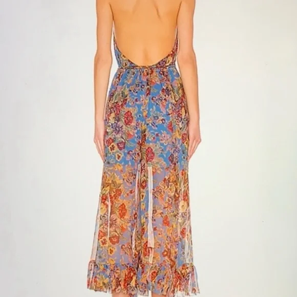 Zimmermann Floral Ruffle Jumpsuit Blue and Red